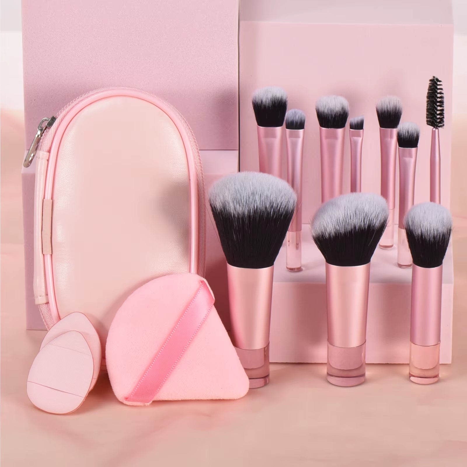 10 Pink Mini Makeup Brush Travel Portable Makeup Tool Makeup Puff - Palm Brush Professional Makeup Tool Set