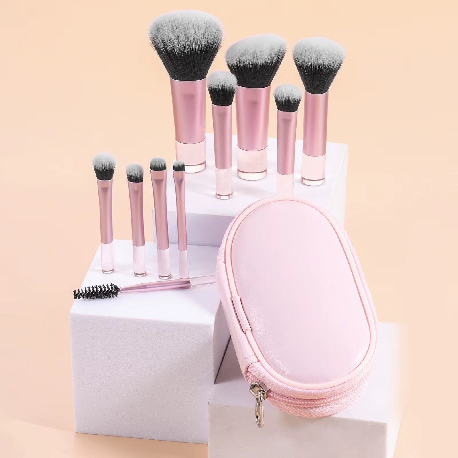 10 Pink Mini Makeup Brush Travel Portable Makeup Tool Makeup Puff - Palm Brush Professional Makeup Tool Set