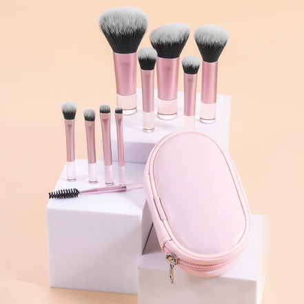 10 Pink Mini Makeup Brush Travel Portable Makeup Tool Makeup Puff - Palm Brush Professional Makeup Tool Set
