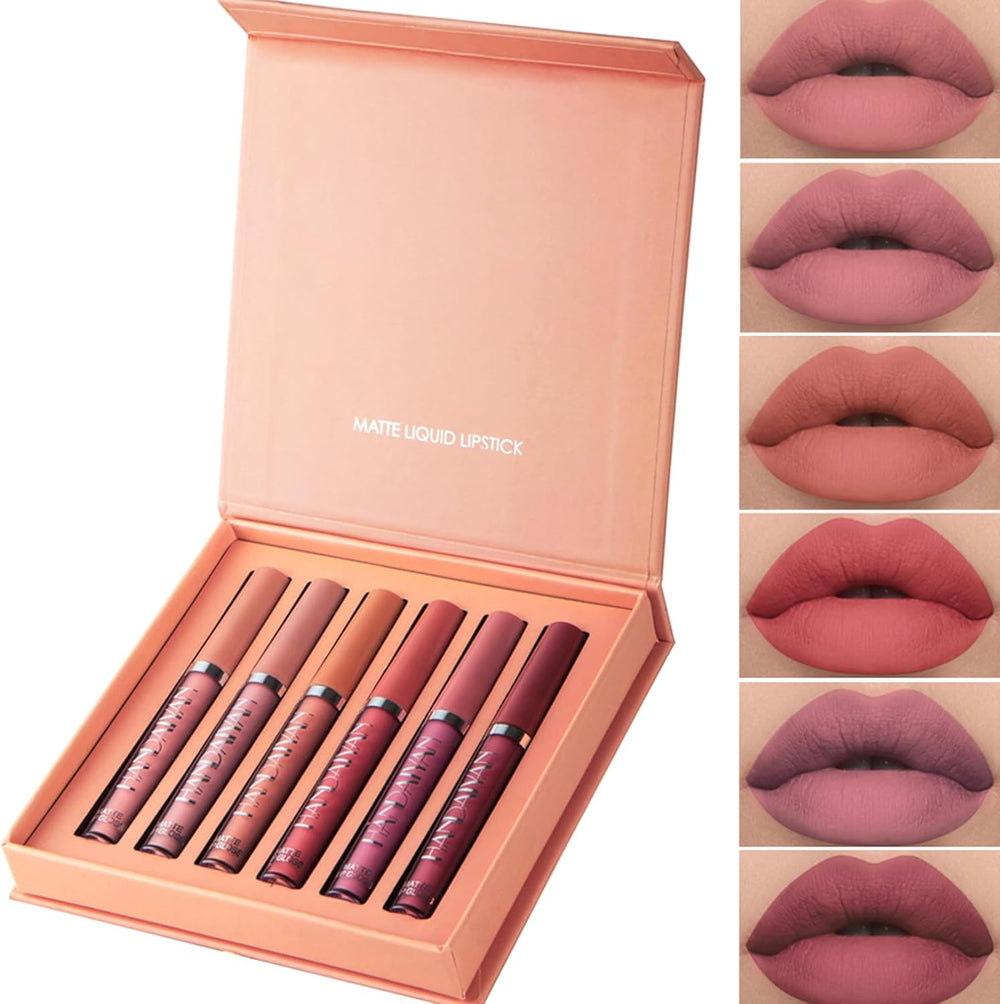 6 Couleurs Set Rouge À Lèvres Liquide Mat, Mat Rouge À Lèvres Nude Ensemble Velouté Longue Durée Antiadhésif Tasse, Cadeau De Rouge À Lèvres (02)