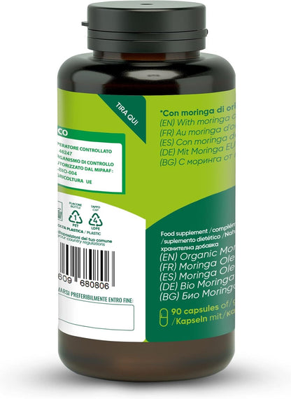Moringa Bio | La Seule Moringa Biologique Produite En Italie | Véganes Sans Additifs | Super Antioxydant Riche En Vitamines Et Protéines Végétales | Haute Qualité  | 90 Gélules